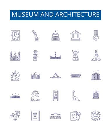 Museum and architecture line icons signs set. Design collection of Museum, Architecture, Exhibition, Historic, Art, Antiquities, Relic, Heritage outline concept vector illustrationsのイラスト素材