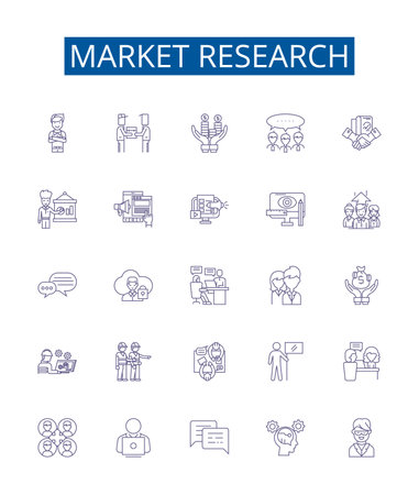 Market research line icons signs set. Design collection of Market, Research, Analysis, Surveys, Consumers, Brands, Products, Trends outline concept vector illustrationsのイラスト素材