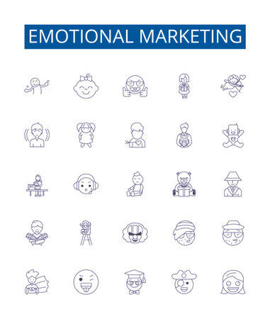 Emotional marketing line icons signs set. Design collection of Engaging, Captivating, Intriguing, Inspirational, Endearing, Empathic, Resonant, Appealing outline concept vector illustrationsのイラスト素材