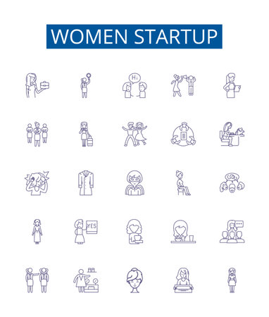 Women startup line icons signs set. Design collection of Female, Entrepreneur, Venture, Company, Business, Innovate, Investment, Founder outline concept vector illustrationsのイラスト素材
