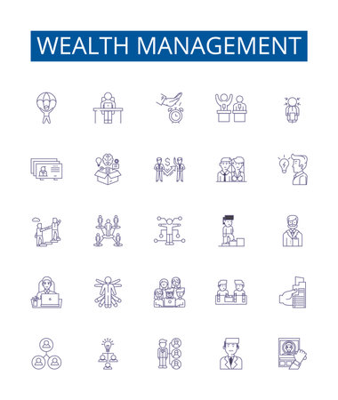 Wealth management line icons signs set. Design collection of Finance, Wealth, Investment, Portfolio, Planning, Advisory, Taxation, Budgeting outline concept vector illustrationsのイラスト素材
