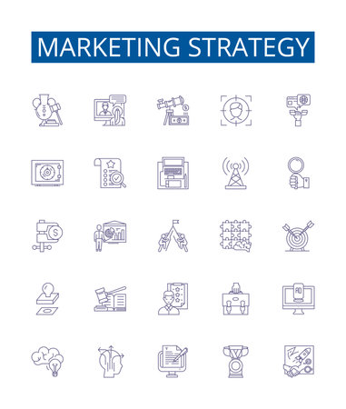 Marketing strategy line icons signs set. Design collection of marketing, strategy, planning, tactics, objectives, target, segment, positioning outline concept vector illustrationsのイラスト素材