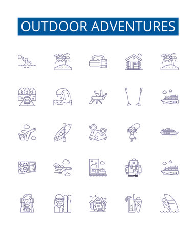 Outdoor adventures line icons signs set. Design collection of Trekking, Hiking, Camping, Kayaking, Canoeing, Rock Climbing, Mountain Biking, Abseiling outline concept vector illustrationsのイラスト素材