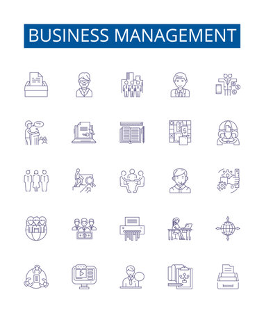 Business management line icons signs set. Design collection of Finance, Strategy, Organizing, Planning, Human Resource, Marketing, Outsourcing, Operations outline concept vector illustrationsのイラスト素材