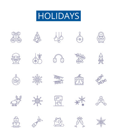 Holidays line icons signs set. Design collection of Vacation, Festive, Trip, Break, Celebratory, Restful, Fun, Joyful outline concept vector illustrationsのイラスト素材