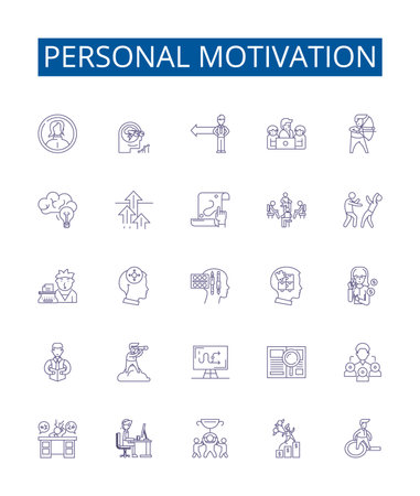 Personal motivation line icons signs set. Design collection of Inspiration, Drive, Determination, Self discipline, Resolve, Engagement, Aspiration, Initiative outline concept vector illustrationsのイラスト素材