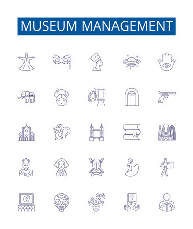 Museum management line icons signs set. Design collection of Curating, Exhibiting, Preserving, Fundraising, Financing, Acquisitions, Donations, Cataloguing outline concept vector illustrationsのイラスト素材