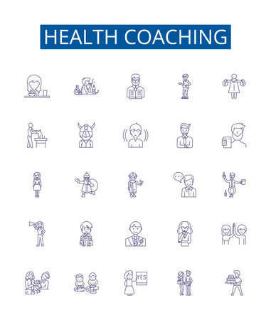 Health coaching line icons signs set. Design collection of Wellness, Nutrition, Exercise, Habits, Training, Lifestyle, Diet, Change outline concept vector illustrationsのイラスト素材