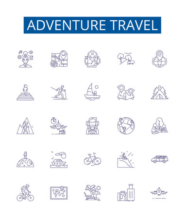 Adventure travel line icons signs set. Design collection of Hiking, Trekking, Canoeing, Camping, Skiing, Kayaking, Rafting, Climbing outline concept vector illustrationsのイラスト素材