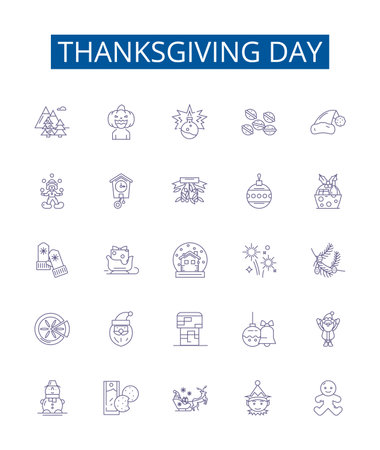 Thanksgiving day line icons signs set. Design collection of Thanksgiving, Day, Turkey, Feast, Gratitude, Pilgrims, Indians, Cornucopia outline concept vector illustrationsのイラスト素材