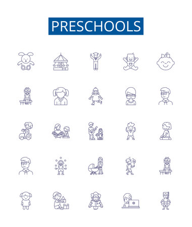 Preschools line icons signs set. Design collection of Preschools, Nurseries, Daycares, Kindergartens, Learning, Early, Education, Young outline concept vector illustrationsのイラスト素材