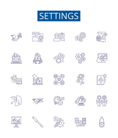 Settings line icons signs set. Design collection of Configure, Parameter, Adjustment, Option, Preference, Regulation, Customize, Alteration outline concept vector illustrationsのイラスト素材