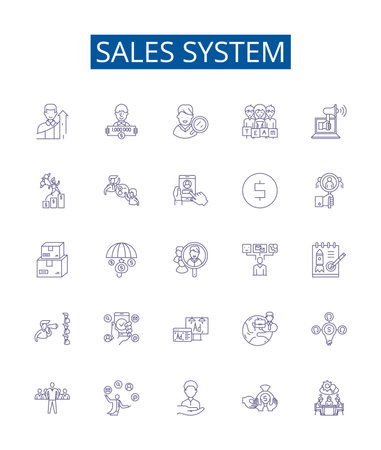 Sales system line icons signs set. Design collection of Sale, System, Automation, Management, Tracking, Forecasting, Analysis, Reporting outline concept vector illustrationsのイラスト素材