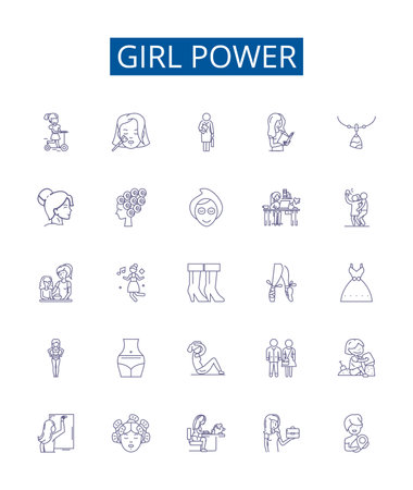 Girl power line icons signs set. Design collection of Feminism, Strength, Equality, Empowerment, Self belief, Courage, Resilience, Solidarity outline concept vector illustrationsのイラスト素材