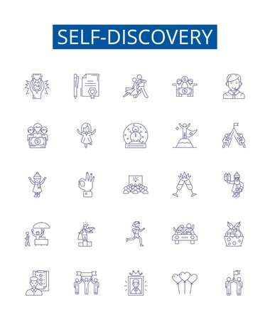 Self-discovery line icons signs set. Design collection of Exploration, Introspection, Growth, Perception, Understanding, Awareness, Identification, Self Reflection outline concept vector illustrationsのイラスト素材