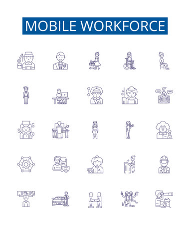 Mobile workforce line icons signs set. Design collection of Mobile, Workforce, Teleworking, Remote, Technology, Digital, Virtual, Job outline concept vector illustrationsのイラスト素材
