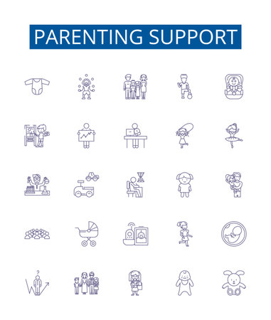 Parenting support line icons signs set. Design collection of Guidance, Backing, Nurturing, Mentoring, Counsel, Instructing, Encouraging, Uplifting outline concept vector illustrationsのイラスト素材