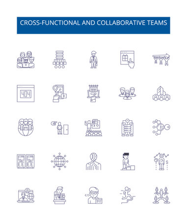 Cross-functional and collaborative teams line icons signs set. Design collection of Collaborative, Cross functional, Teams, Integration, Cooperation, Multidisciplinary, Involvement, Interdisciplinary outline concept vector illustrationsのイラスト素材