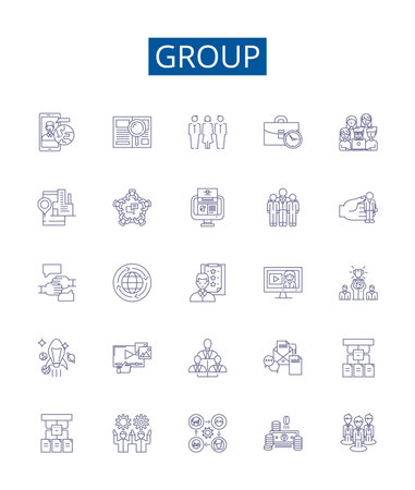 Group line icons signs set. Design collection of Collective, Crowd, Clique, Congregation, Conglomeration, Fraternity, Entourage, Union outline concept vector illustrationsのイラスト素材