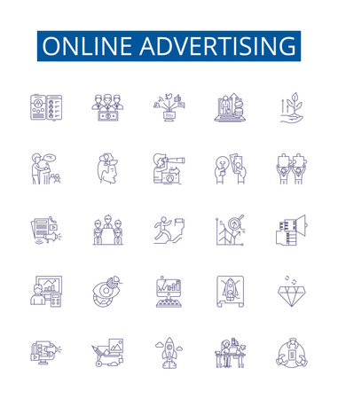 Online advertising line icons signs set. Design collection of Digital, Ads, Internet, Promotions, Marketing, Optimization, Placement, Branding outline concept vector illustrationsのイラスト素材