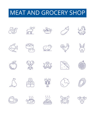Meat and grocery shop line icons signs set. Design collection of Butcher, Grocery, Deli, Poultry, Lamb, Beef, Pork, Sausage outline concept vector illustrationsのイラスト素材