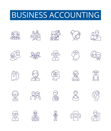 Business accounting line icons signs set. Design collection of Accounting, Business, Finance, Bookkeeping, Ledger, Reconciliation, Chart, Bank outline concept vector illustrationsのイラスト素材