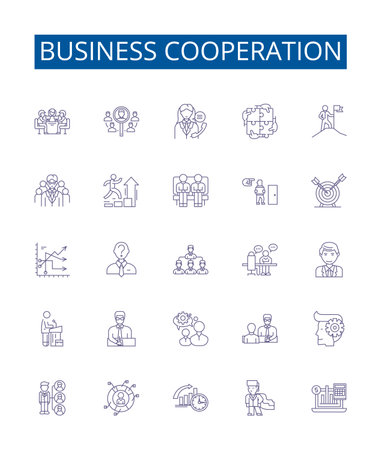 Business cooperation line icons signs set. Design collection of Collaboration, Partnership, Alliance, Networking, Synergy, Merger, Joint Venture, Outsourcing outline concept vector illustrationsのイラスト素材