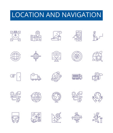Location and navigation line icons signs set. Design collection of Navigation, Location, Mapping, Tracking, Geolocation, GPS, Compass, Coordinates outline concept vector illustrationsのイラスト素材