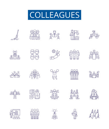 Colleagues line icons signs set. Design collection of Colleagues, Peers, Workmates, Associates, Comrades, Partners, Coworkers, Friends outline concept vector illustrationsのイラスト素材