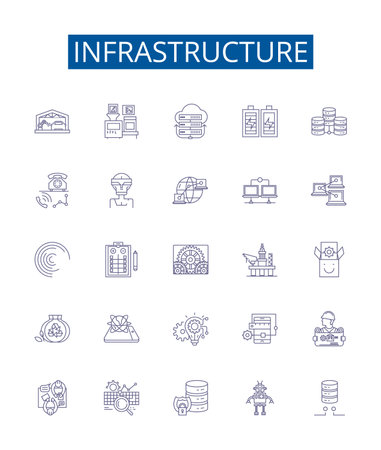 Infrastructure line icons signs set. Design collection of Buildings, roads, bridges, sewers, utilities, power, water, telecoms outline concept vector illustrationsのイラスト素材