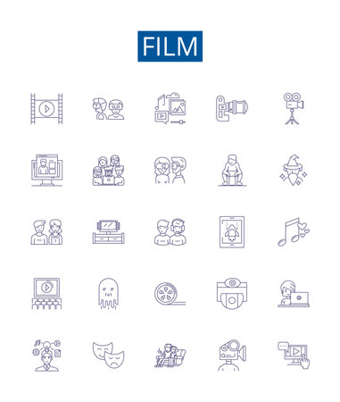 Film line icons signs set. Design collection of Movie, Cinema, Production, Picture, Blockbuster, Story, Reel, Show outline concept vector illustrationsのイラスト素材