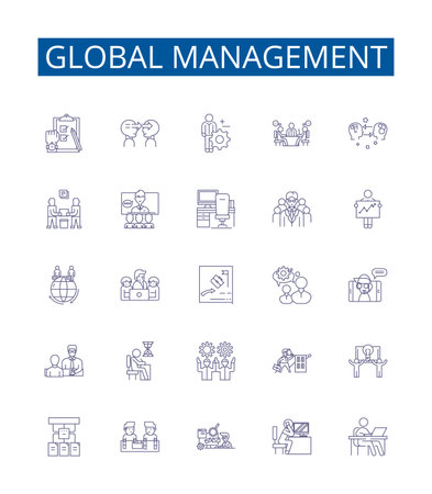 Global management line icons signs set. Design collection of Global, Management, International, Organization, Strategic, Leadership, Transformation, Process outline concept vector illustrationsのイラスト素材