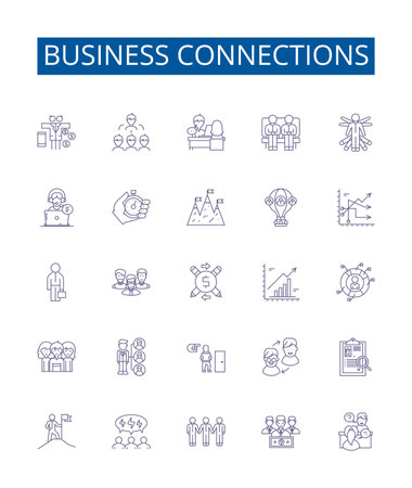Business connections line icons signs set. Design collection of Networking, Linkages, Partnerships, Alliances, Relationships, Collaborations, Contacts, Connections outline concept vector illustrationsのイラスト素材