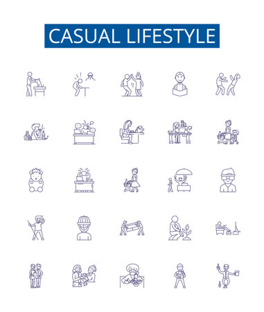 Casual lifestyle line icons signs set. Design collection of Casual, Lifestyle, Relaxed, Unstructured, Comfortable, Breezy, Uncomplicated, Carefree outline concept vector illustrationsのイラスト素材