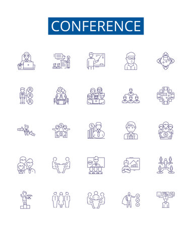 Conference line icons signs set. Design collection of Conclave, Forum, Summit, Dialogue, Symposium, Assembly, Rally, Caucus outline concept vector illustrationsのイラスト素材