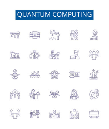 Quantum computing line icons signs set. Design collection of Quantum, Computing, Physics, Algorithm, Mechanics, Simulations, Technology, Uncertainty outline concept vector illustrationsのイラスト素材