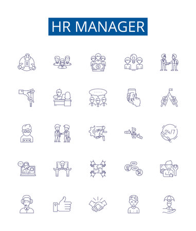 Hr manager line icons signs set. Design collection of HR, Manager, Human, Resources, Recruiting, Hiring, Training, Retention outline concept vector illustrationsのイラスト素材