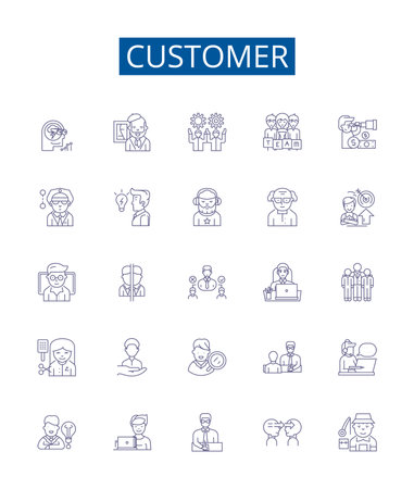 Customer line icons signs set. Design collection of Client, Patron, Purchaser, Consumer, Buyer, Subscriber, User, Guest outline concept vector illustrationsのイラスト素材