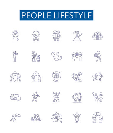 People lifestyle line icons signs set. Design collection of Lifestyle, People, Clothing, Food, Exercise, Shopping, Music, Entertainment outline concept vector illustrationsのイラスト素材