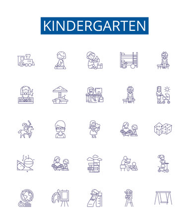 Kindergarten line icons signs set. Design collection of Preschool, Nursery, Early, Education, Learning, Play, Kinder, Toddler outline concept vector illustrationsのイラスト素材