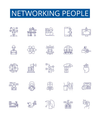 Networking people line icons signs set. Design collection of Networking, people, connections, linkages, associates, colleagues, befriending, networking events outline concept vector illustrationsのイラスト素材