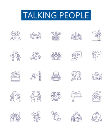 Talking people line icons signs set. Design collection of Conversing, Chatting, Orating, Speaking, Interacting, Dialogue, Gossiping, Debating outline concept vector illustrationsのイラスト素材