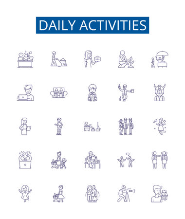 Daily activities line icons signs set. Design collection of Routine, Exercise, Work, Study, Commute, Eating, Shopping, Resting outline concept vector illustrationsのイラスト素材
