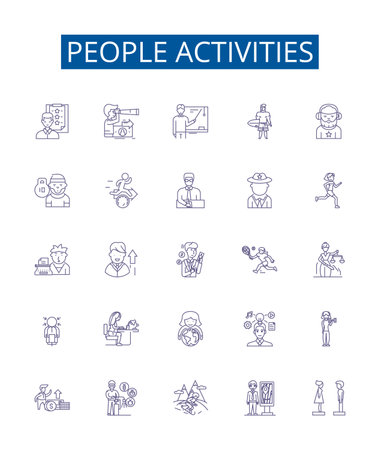 People activities line icons signs set. Design collection of Playing, Working, Socializing, Learning, Exercising, Traveling, Shopping, Volunteering outline concept vector illustrationsのイラスト素材