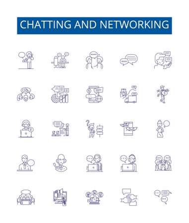 Chatting and networking line icons signs set. Design collection of Chatting, Networking, Messaging, Socializing, Communicating, Connecting, Interacting, Engaging outline concept vector illustrationsのイラスト素材