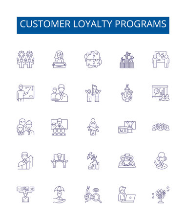 Customer loyalty programs line icons signs set. Design collection of Rewards, Loyalty, Incentives, Benefits, Bonus, Discounts, Purchases, Marketplace outline concept vector illustrationsのイラスト素材