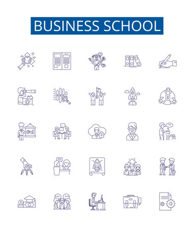 Business school line icons signs set. Design collection of Business, School, MBA, Finance, Marketing, Management, Entrepreneurship, Consulting outline concept vector illustrationsのイラスト素材