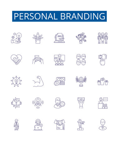 Personal branding line icons signs set. Design collection of Personal, branding, identity, image, strategy, marketing, self promotion, online outline concept vector illustrationsのイラスト素材