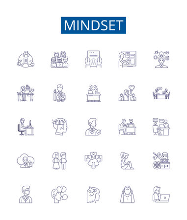 Mindset line icons signs set. Design collection of Attitude, Outlook, Perspective, Psyche, Disposition, Worldview, Thinking, Tenor outline concept vector illustrationsのイラスト素材