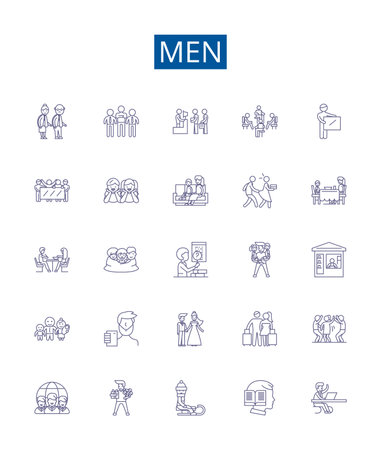 Men line icons signs set. Design collection of men, gender, masculinity, identity, culture, society, history, stereotype outline concept vector illustrationsのイラスト素材
